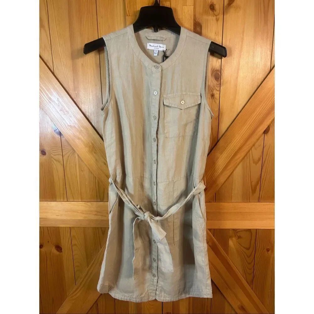 Michael Stars Sleeveless Button Up Beige Linen Shirt Dress NWT Size XS (5674)